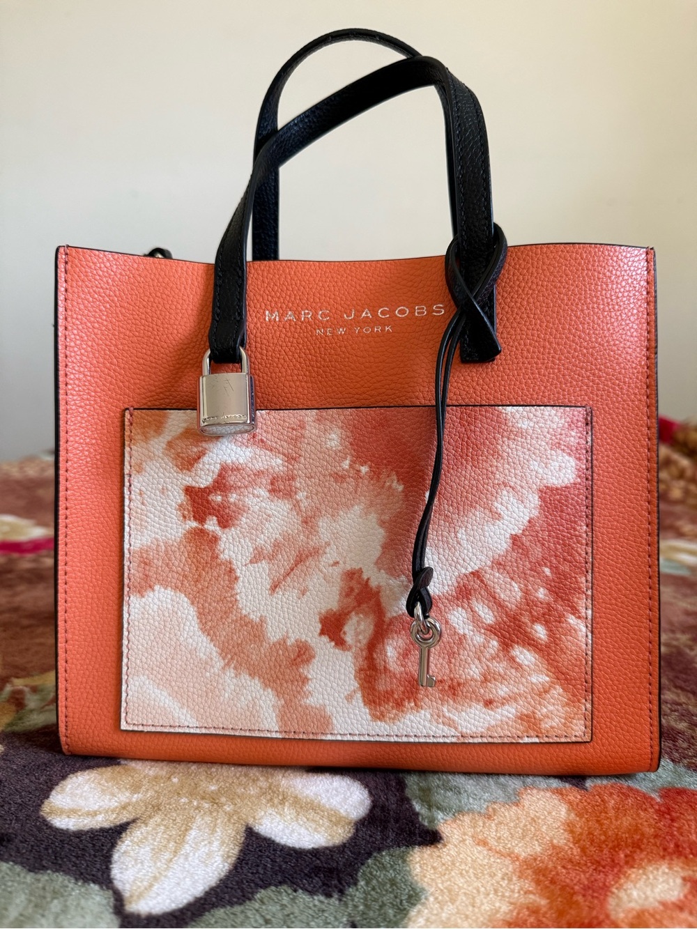 Marc Jacobs Coral Orange Tie-Dye Front Pocket Tote with Black Handles